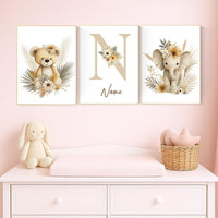Boho Safari Nursery Prints: Bear, Giraffe, Elephant - Set of 3