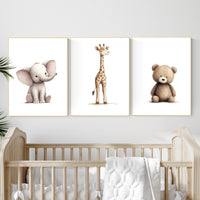 Beige Safari Animal Nursery Prints: Elephant, Giraffe, Bear
