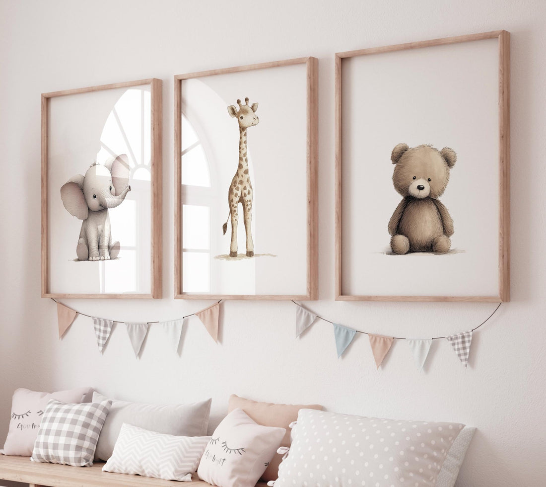 Beige Safari Animal Nursery Prints: Elephant, Giraffe, Bear
