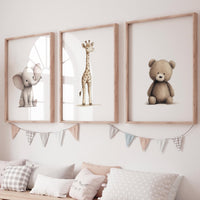 Beige Safari Animal Nursery Prints: Elephant, Giraffe, Bear