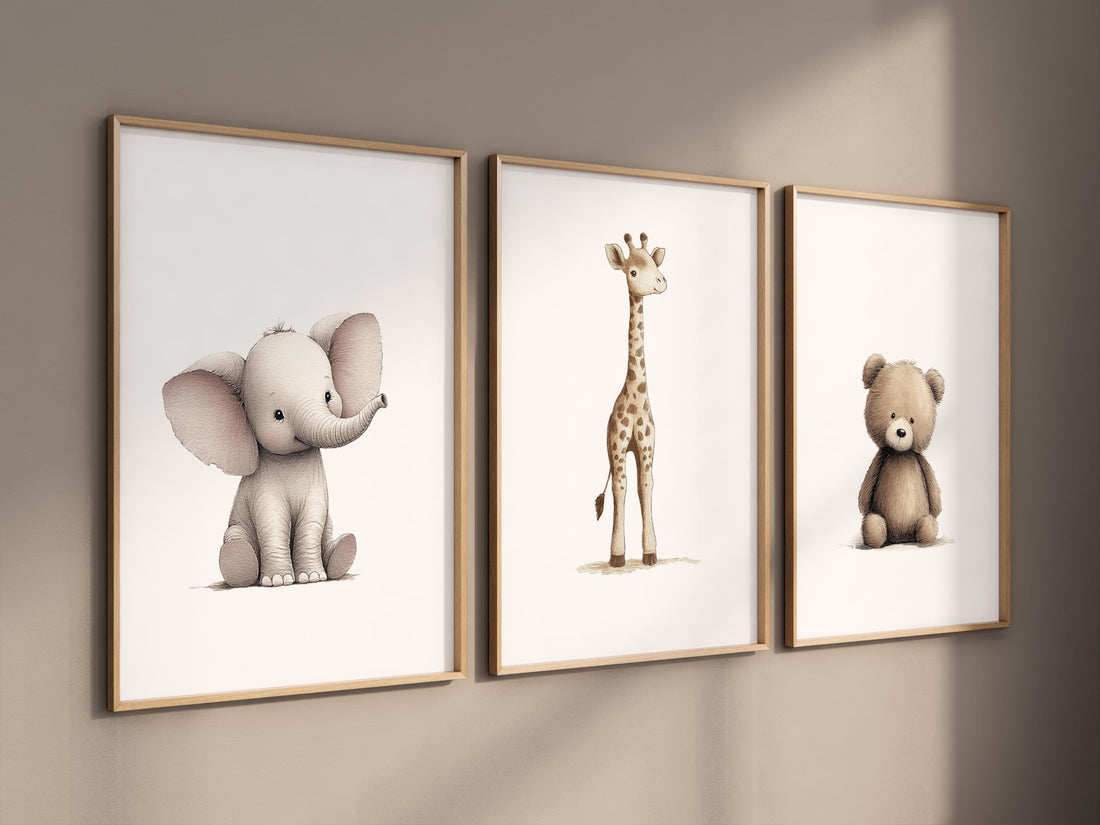Beige Safari Animal Nursery Prints: Elephant, Giraffe, Bear