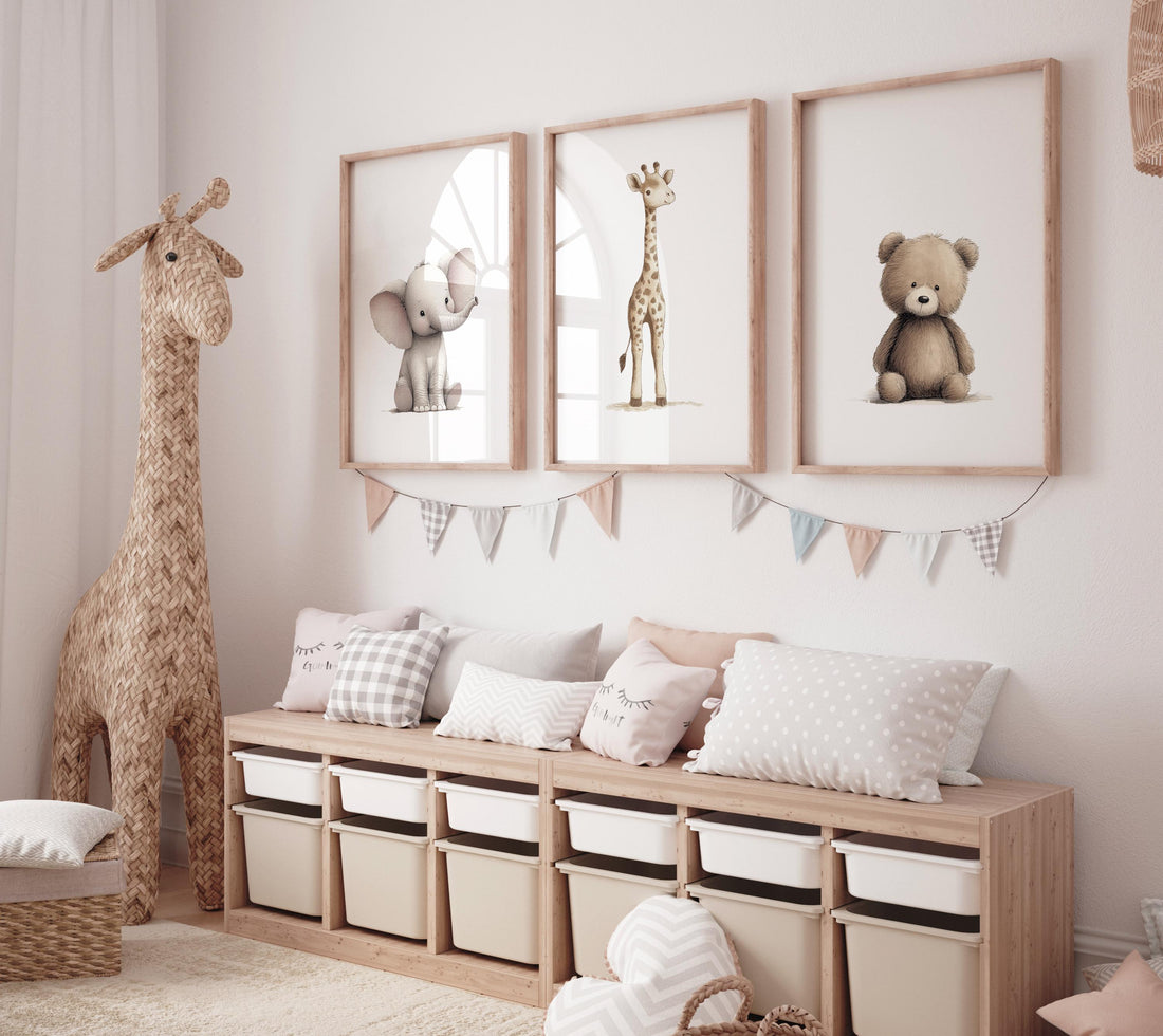 Beige Safari Animal Nursery Prints: Elephant, Giraffe, Bear
