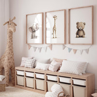 Beige Safari Animal Nursery Prints: Elephant, Giraffe, Bear