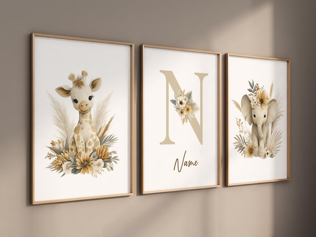 Boho Safari Nursery Prints: Giraffe, Elephant, Personalized Nursery