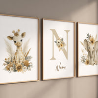 Boho Safari Nursery Prints: Giraffe, Elephant, Personalized Nursery