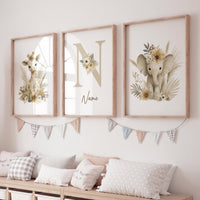 Boho Safari Nursery Prints: Giraffe, Elephant, Personalized Nursery