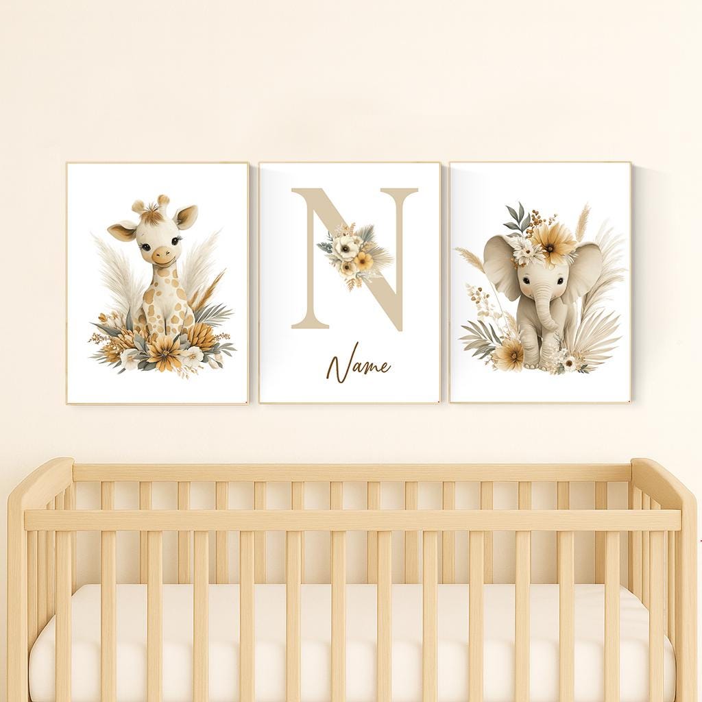 Boho Safari Nursery Prints: Giraffe, Elephant, Personalized Nursery