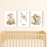 Boho Safari Nursery Prints: Giraffe, Elephant, Personalized Nursery
