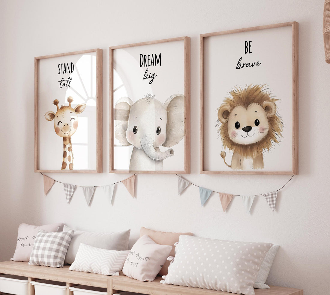 Safari Animal Nursery Prints: Giraffe, Elephant, Lion Wall Art