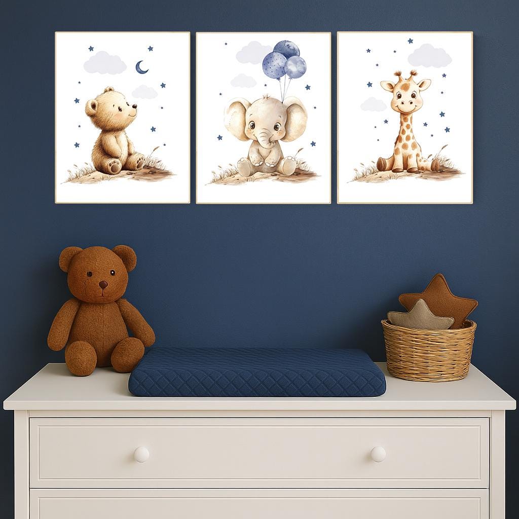 Boy Nursery Wall Art Set of 3 | Baby Bear, Elephant, Giraffe Prints