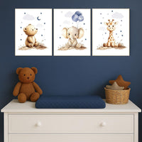 Boy Nursery Wall Art Set of 3 | Baby Bear, Elephant, Giraffe Prints