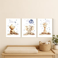 Boy Nursery Wall Art Set of 3 | Baby Bear, Elephant, Giraffe Prints