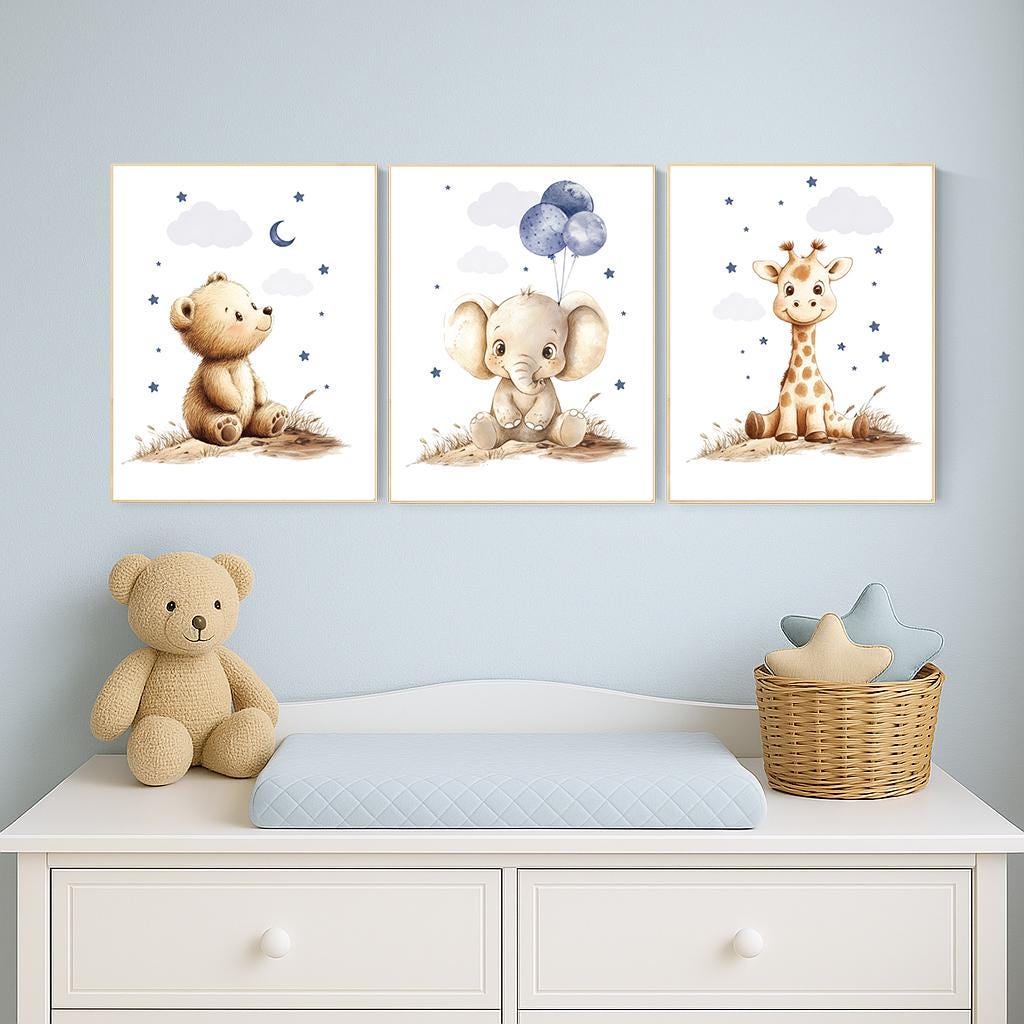 Boy Nursery Wall Art Set of 3 | Baby Bear, Elephant, Giraffe Prints