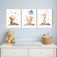 Boy Nursery Wall Art Set of 3 | Baby Bear, Elephant, Giraffe Prints