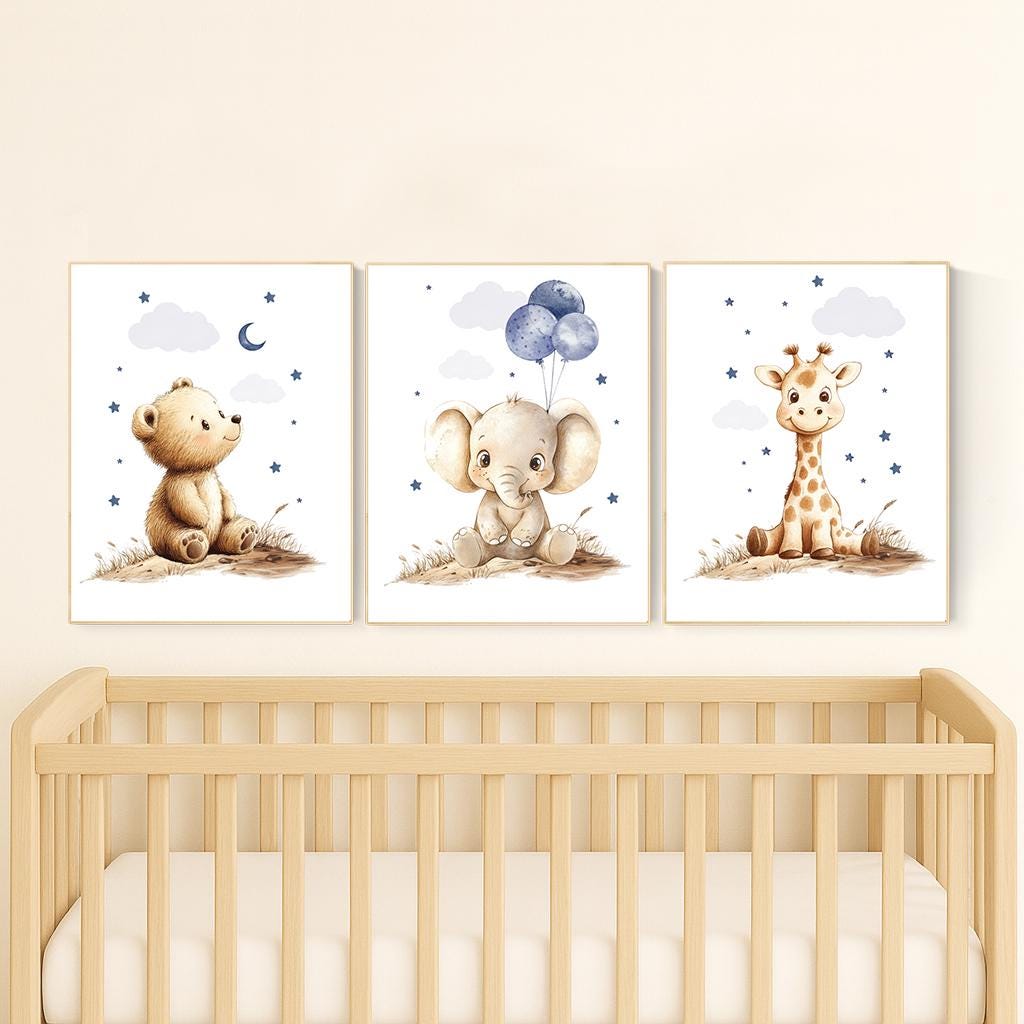Boy Nursery Wall Art Set of 3 | Baby Bear, Elephant, Giraffe Prints
