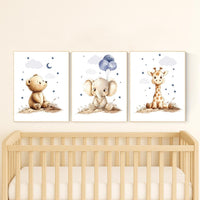 Boy Nursery Wall Art Set of 3 | Baby Bear, Elephant, Giraffe Prints