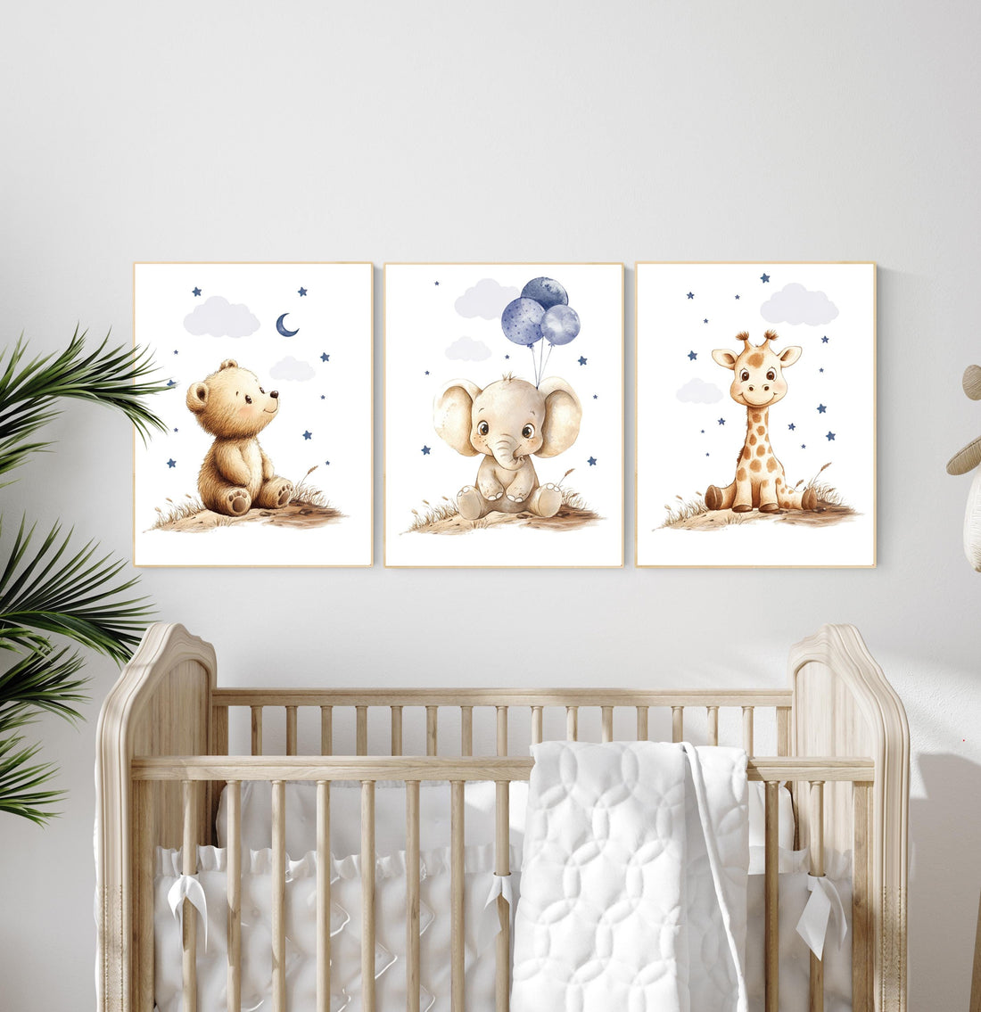 Boy Nursery Wall Art Set of 3 | Baby Bear, Elephant, Giraffe Prints