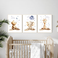 Boy Nursery Wall Art Set of 3 | Baby Bear, Elephant, Giraffe Prints