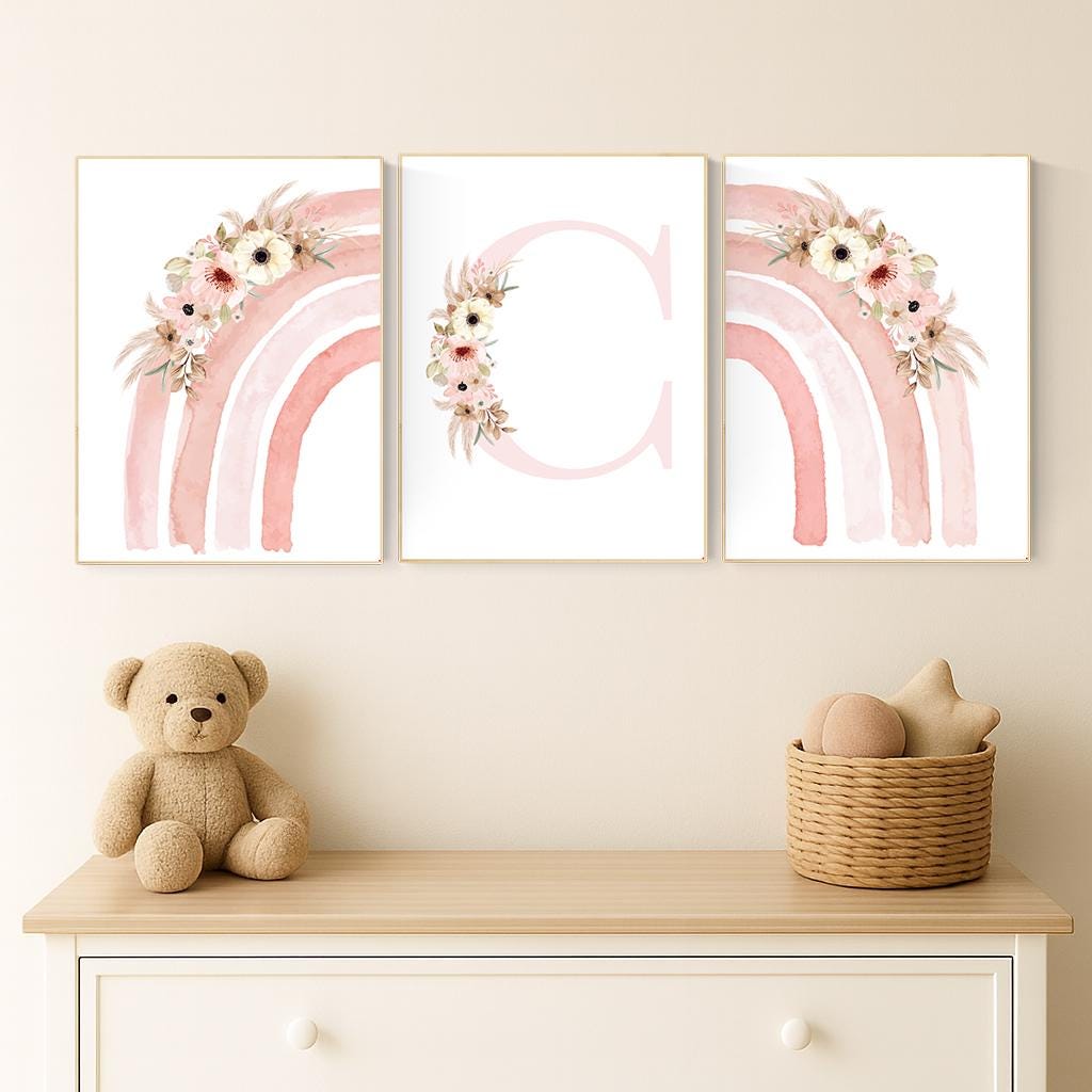 Floral Rainbow Nursery Art Prints - Boho Baby Girl Decor Set