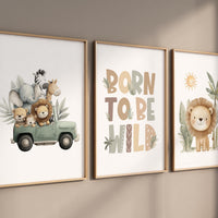 Safari Nursery Art Prints: Jeep, Lion, 'Born to Be Wild' - Set of 3