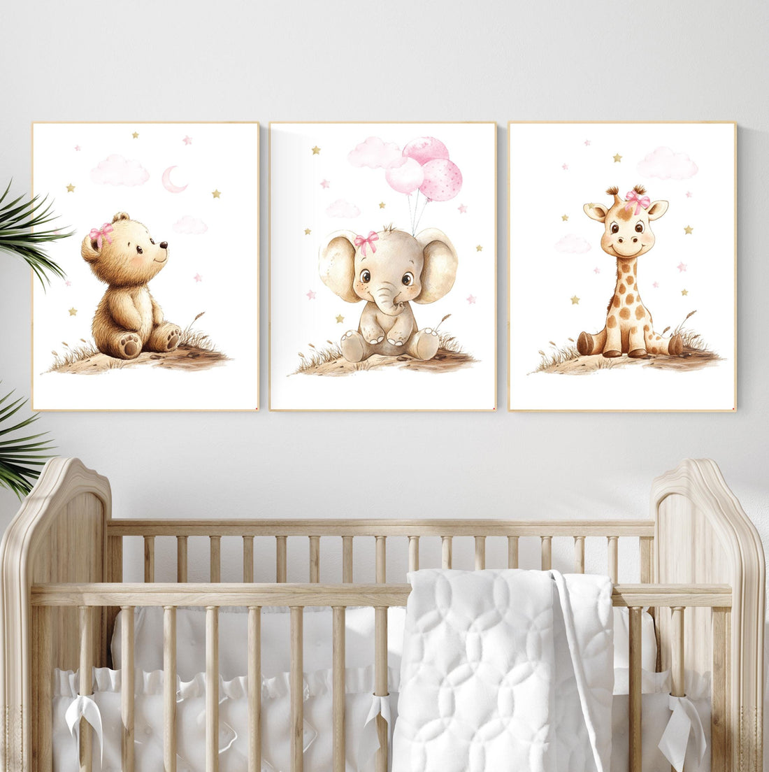Girl Nursery Wall Art: Gold Pink Elephant, Bear, Giraffe Prints