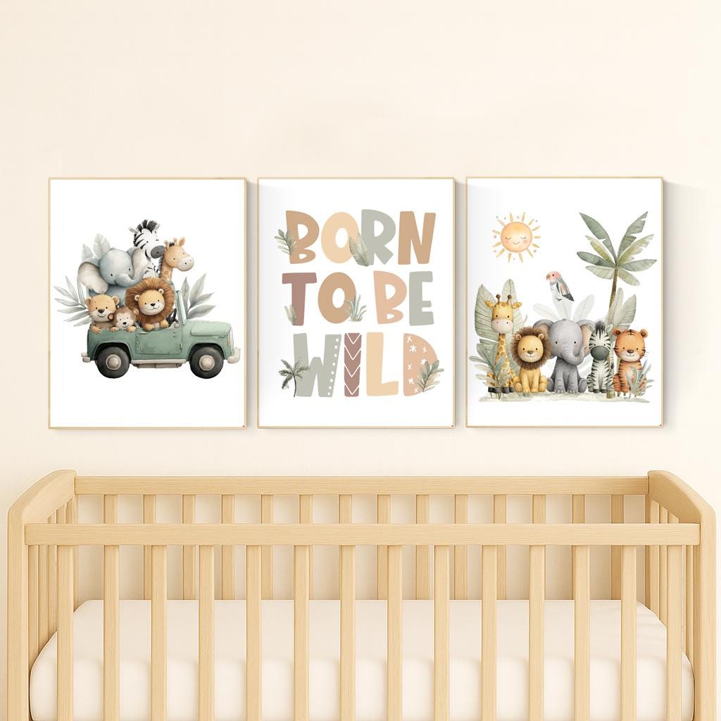 Safari Nursery Art Prints: Jungle Animals, Jeep, Lion, "Born to Be Wild"