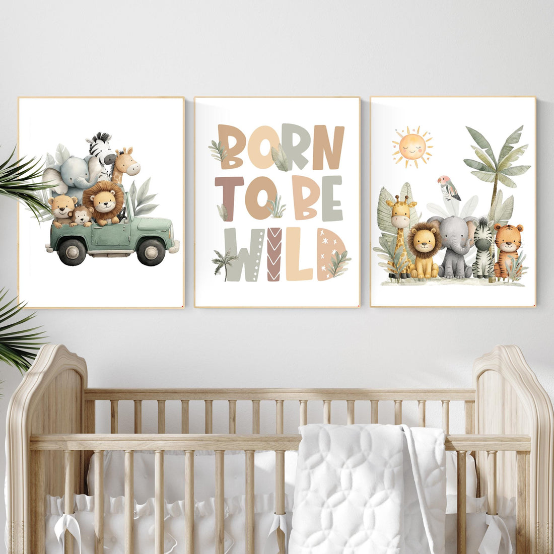 Safari Nursery Art Prints: Jungle Animals, Jeep, Lion, "Born to Be Wild"