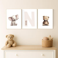 Elephant & Bear Nursery Print Set: Personalized Initial, Animal Art