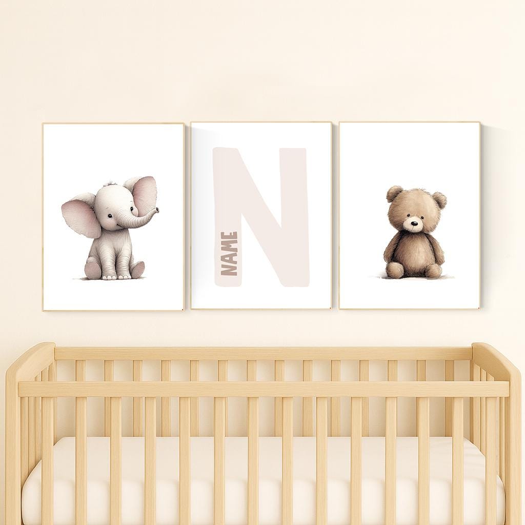 Elephant & Bear Nursery Print Set: Personalized Initial, Animal Art
