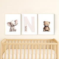 Elephant & Bear Nursery Print Set: Personalized Initial, Animal Art