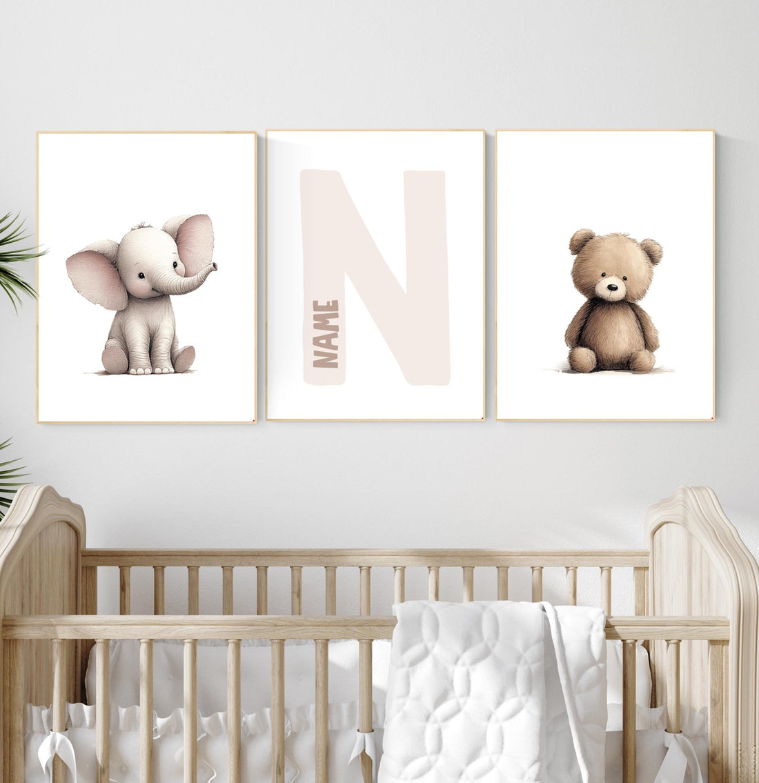 Elephant & Bear Nursery Print Set: Personalized Initial, Animal Art