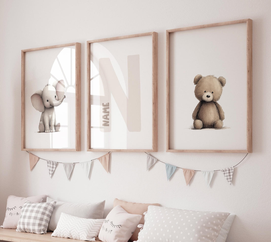Elephant & Bear Nursery Print Set: Personalized Initial, Animal Art
