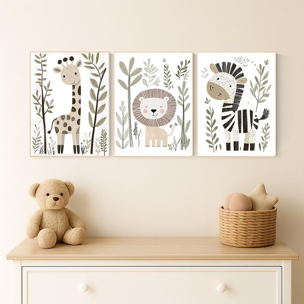 Safari Animal Nursery Prints, Boho Jungle Art, Set of 3