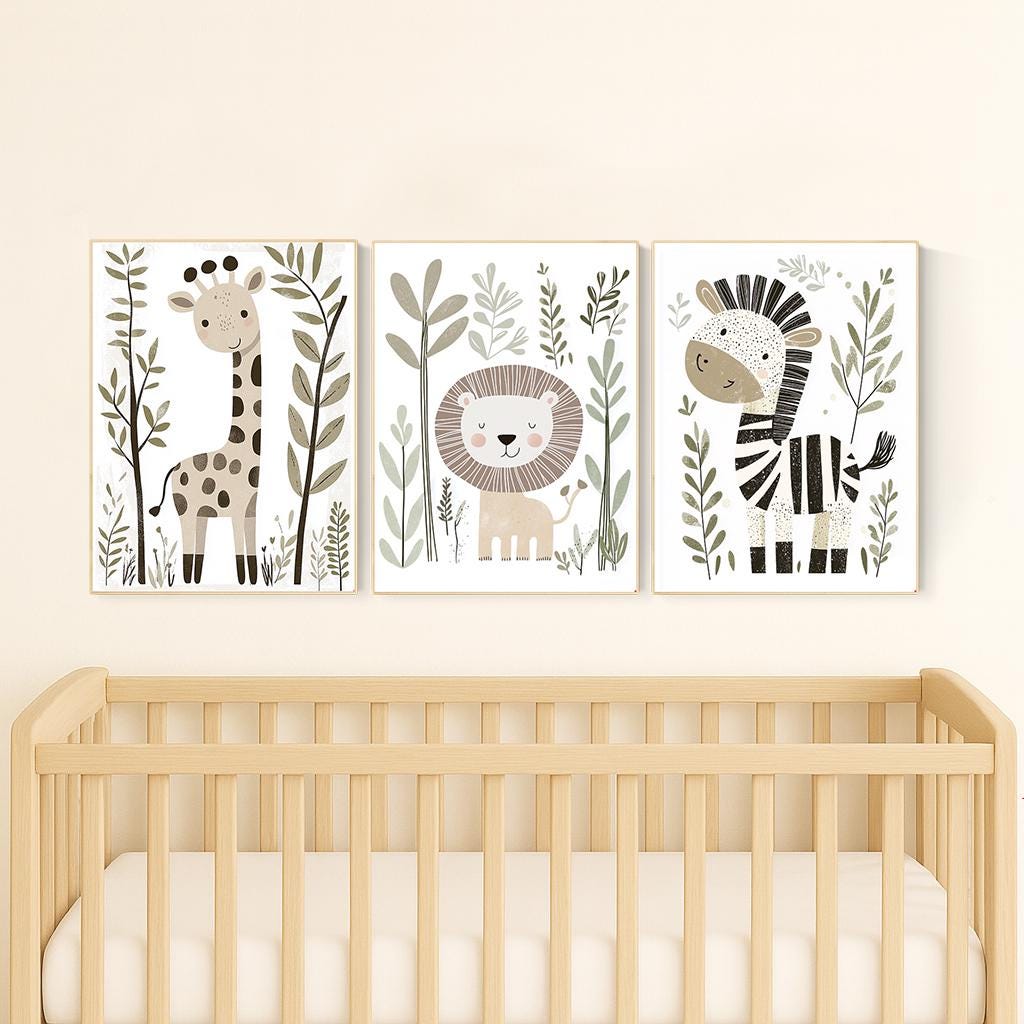 Safari Animal Nursery Prints, Boho Jungle Art, Set of 3