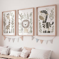 Safari Animal Nursery Prints, Boho Jungle Art, Set of 3