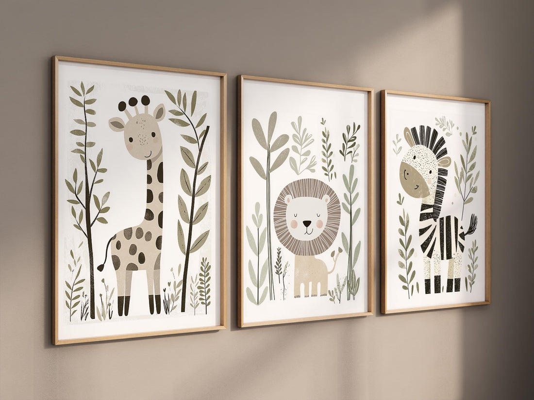 Safari Animal Nursery Prints, Boho Jungle Art, Set of 3