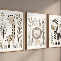Safari Animal Nursery Prints, Boho Jungle Art, Set of 3