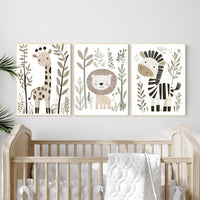 Safari Animal Nursery Prints, Boho Jungle Art, Set of 3