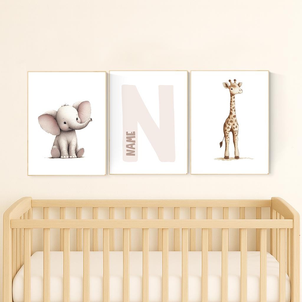 Elephant and Giraffe Nursery Print Set: Personalized Initial, Safari Animals