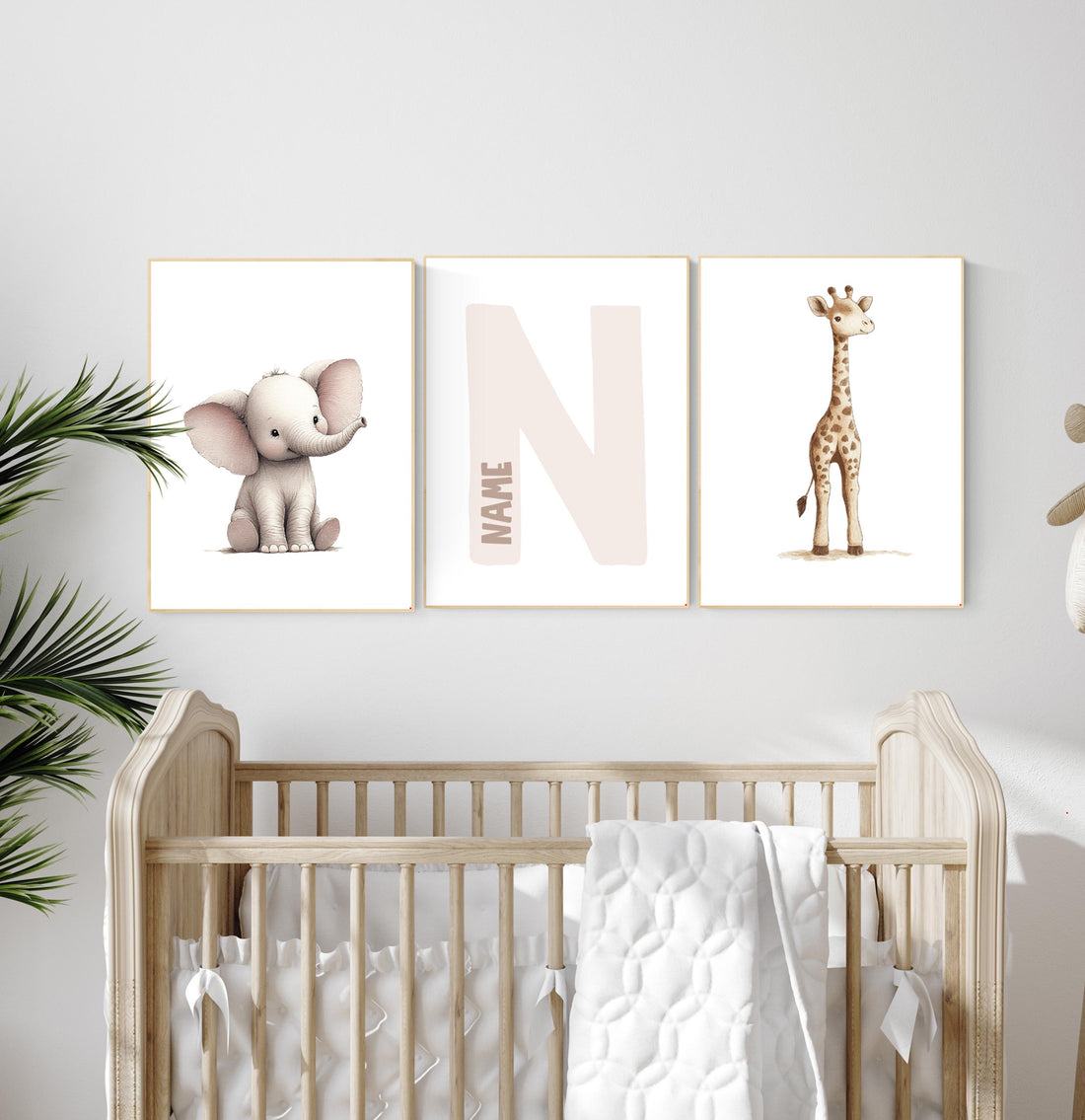 Elephant and Giraffe Nursery Print Set: Personalized Initial, Safari Animals