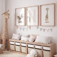 Elephant and Giraffe Nursery Print Set: Personalized Initial, Safari Animals