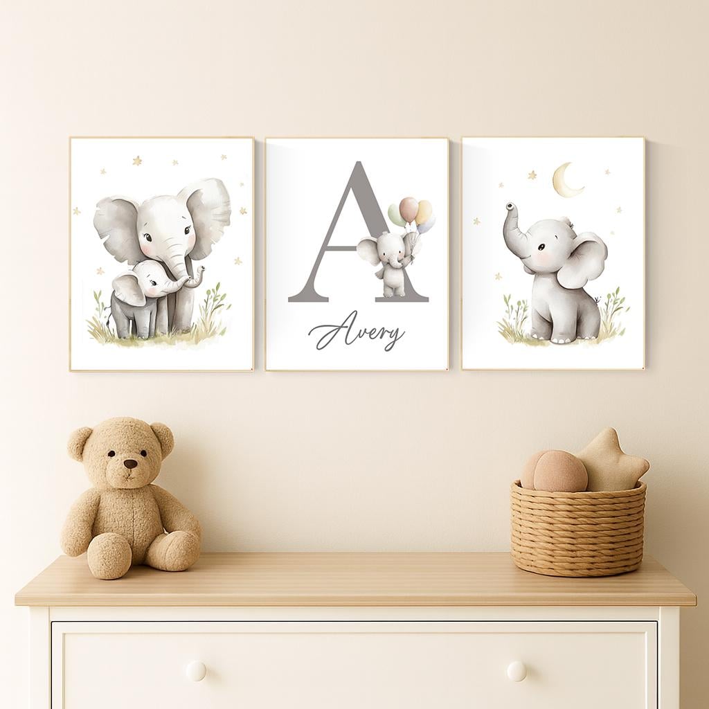 Elephant Nursery Art Prints: Gray Safari Animals, Personalized Name Sign
