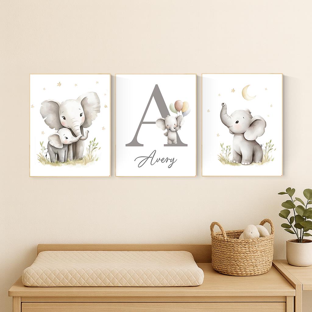 Elephant Nursery Art Prints: Gray Safari Animals, Personalized Name Sign