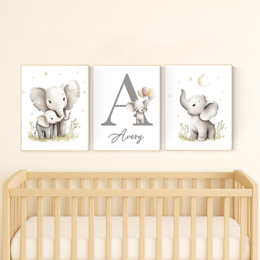 Elephant Nursery Art Prints: Gray Safari Animals, Personalized Name Sign