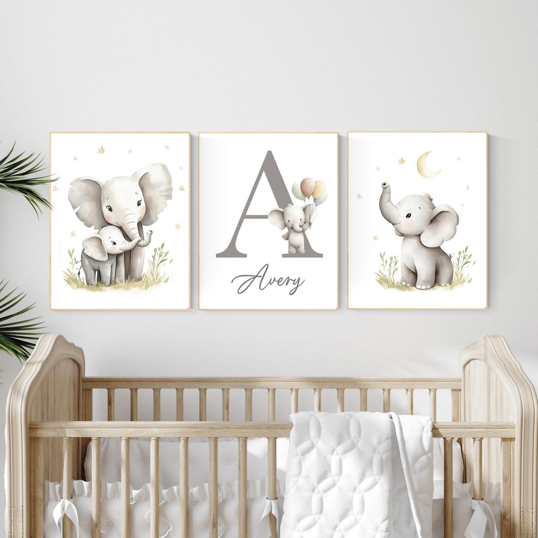 Elephant Nursery Art Prints: Gray Safari Animals, Personalized Name Sign