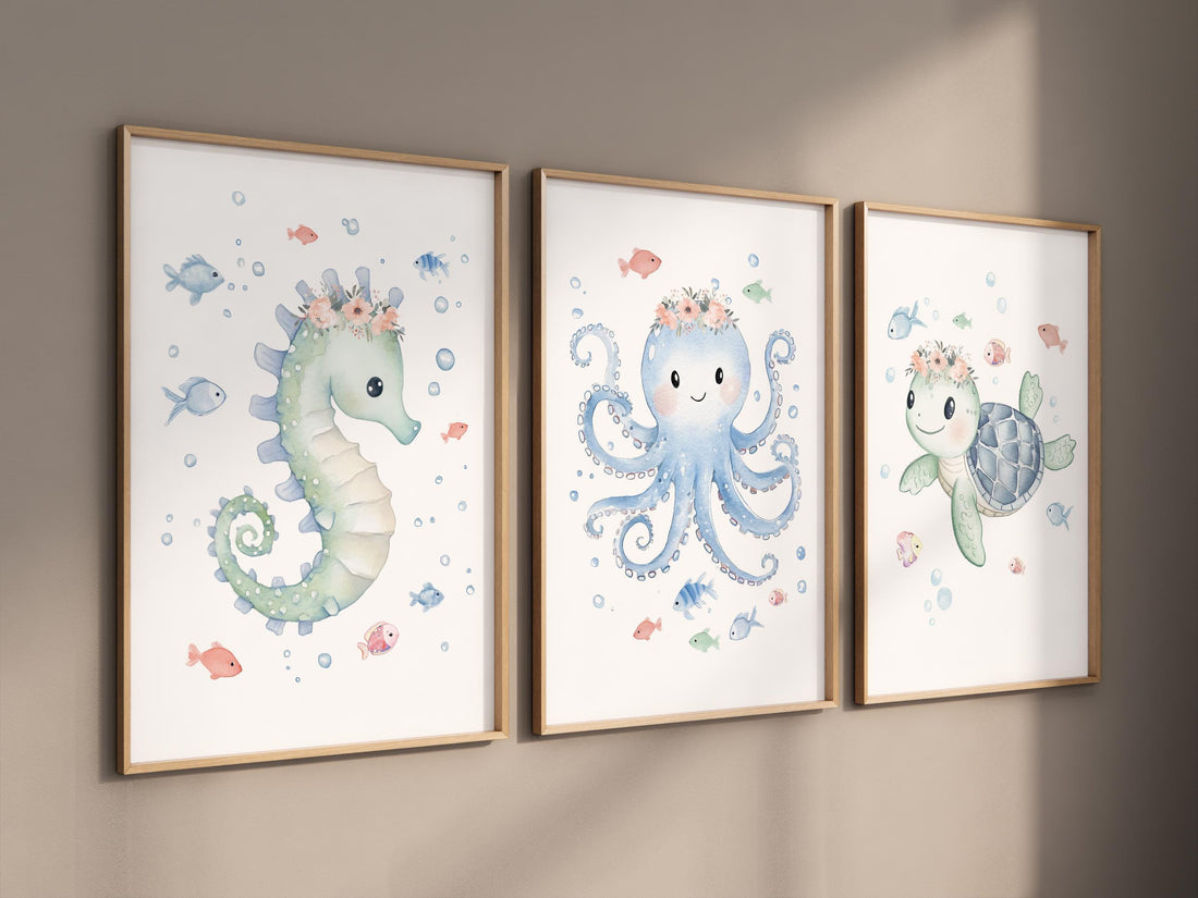Seahorse Octopus Turtle Nursery Wall Art, Coral and Seafoam Ocean Prints