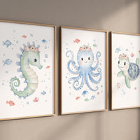 Seahorse Octopus Turtle Nursery Wall Art, Coral and Seafoam Ocean Prints