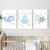 Watercolor Ocean Nursery Art Prints: Whale, Turtle, Quote