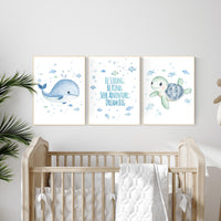 Watercolor Ocean Nursery Art Prints: Whale, Turtle, Quote