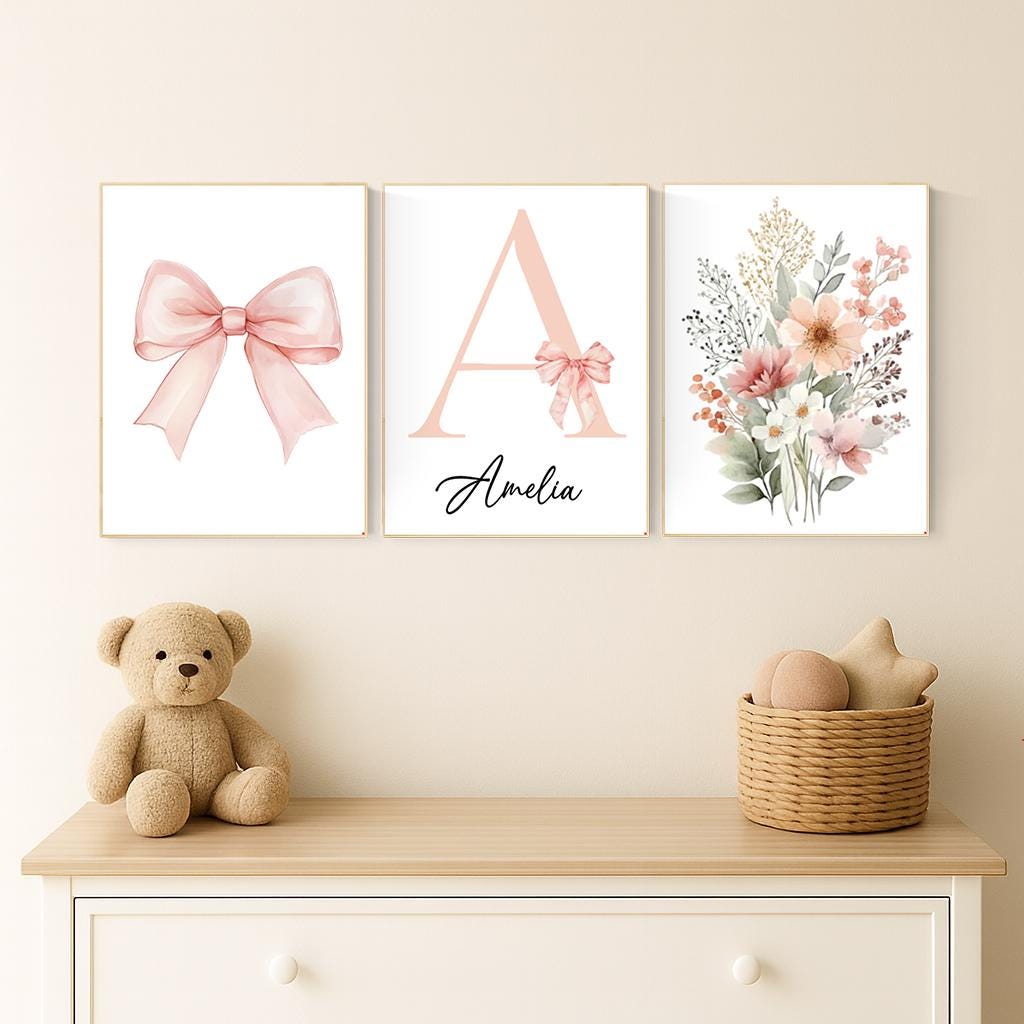 Personalized Nursery Wall Art Set – Blush Pink Bow, Floral & Initial Print